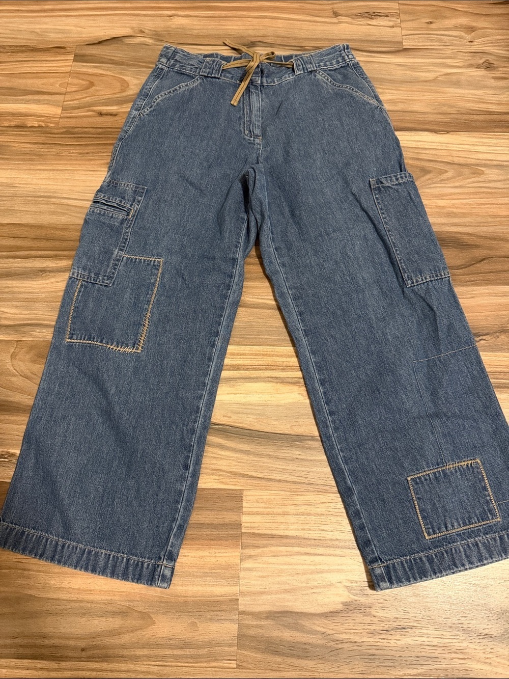 J. Jill Women’s Sz. 2 Wide Leg Cropped Cargo Patchwork Jeans Drawstring Cotton